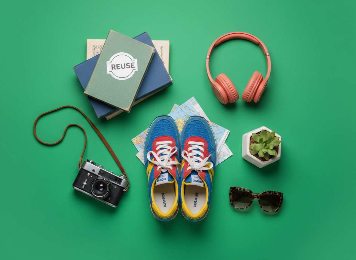 A colorful flat-lay of marketplace items on a vivid green background